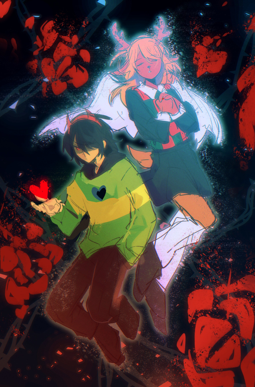 1girl, 1other, absurdres, angel_wings, antlers, black_hair, black_pants, black_shirt