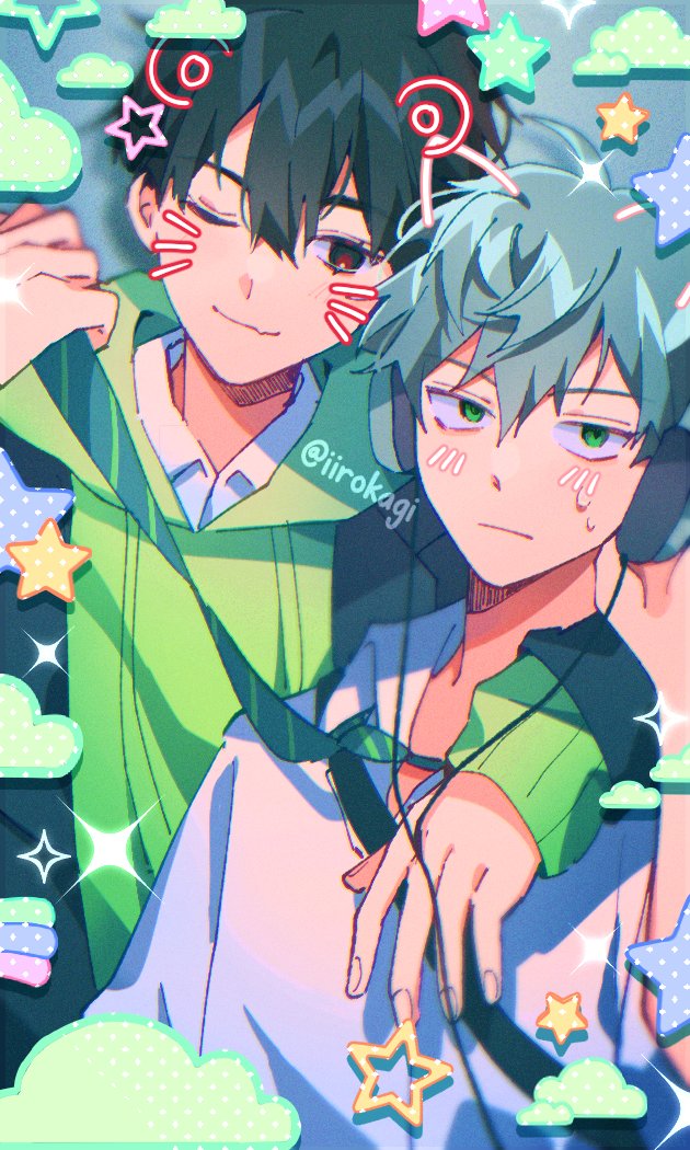 2boys, alien_stage, black_eyes, black_hair, black_jacket, clouds, collared_shirt, commentary