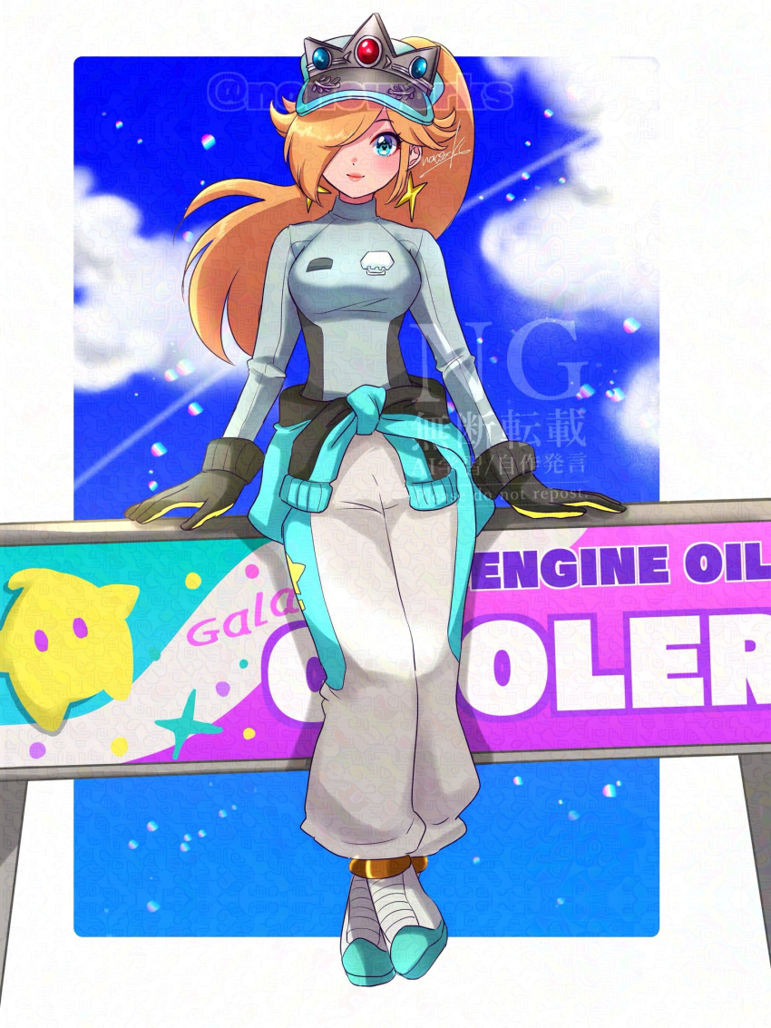 1girl, blonde_hair, blue_eyes, breasts, clothes_around_waist, crossed_ankles, earrings, gloves