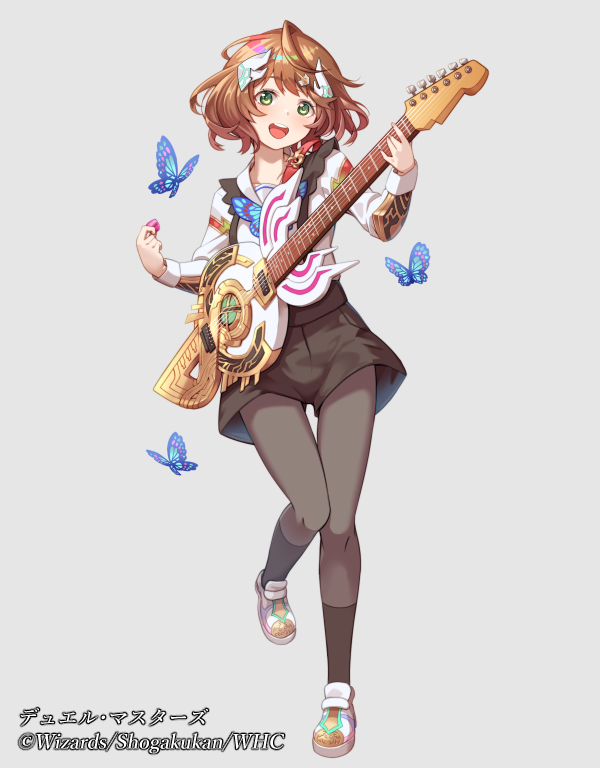 1girl, anno_akira, black_pantyhose, black_shorts, black_thighhighs, brown_hair, bug, butterfly, copyright_notice, dragon_musume_ni_naritakunai!, duel_masters, full_body, green_eyes, grey_background, guitar, hair_ornament, hairpin, holding, holding_guitar, holding_instrument, holding_plectrum, i-la, instrument, long_sleeves, looking_at_viewer, official_art, open_mouth, pantyhose, plectrum, shirt, shoes, shorts, simple_background, solo, teeth, thigh-highs, upper_teeth_only, white_shirt, white_shoes
