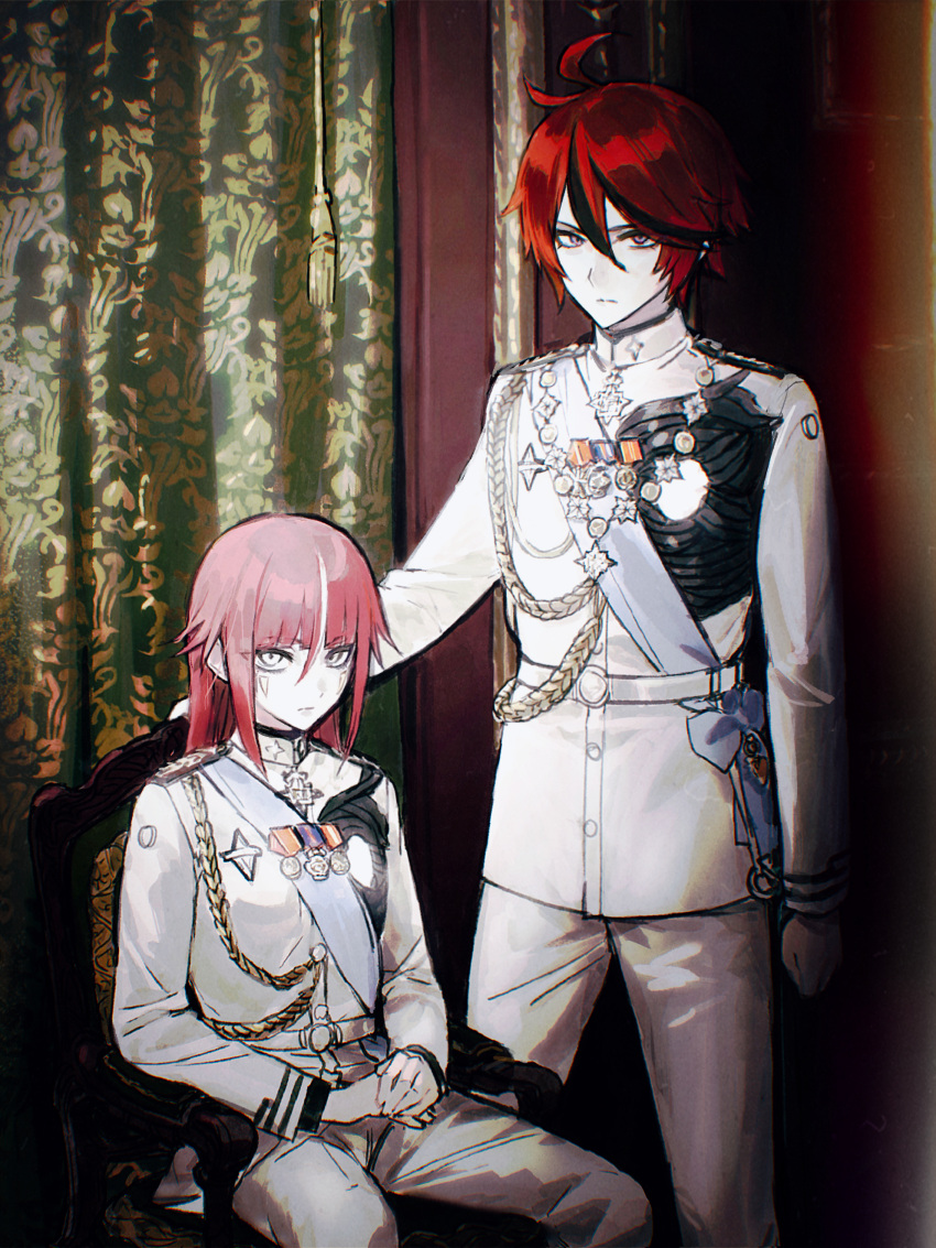 1boy, 1girl, absurdres, aiguillette, black_hair, chair, chinese_commentary, closed_mouth