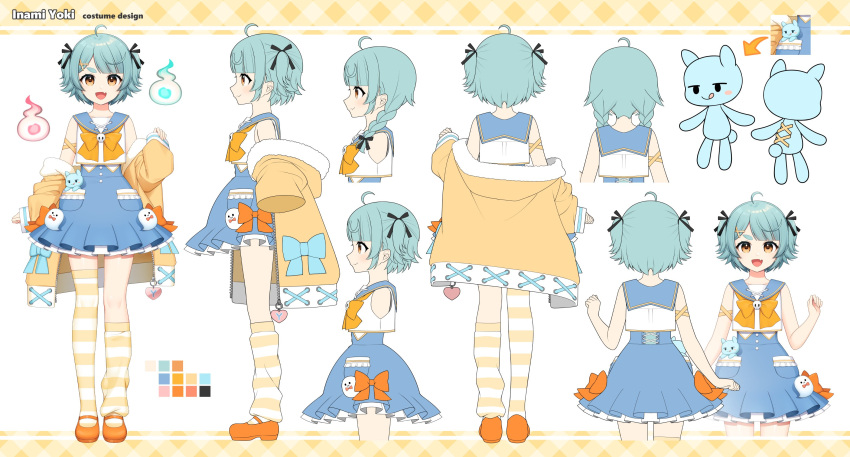 1girl, :q, ahoge, aqua_hair, arrow_(symbol), asymmetrical_legwear, black_ribbon, blue_sailor_collar