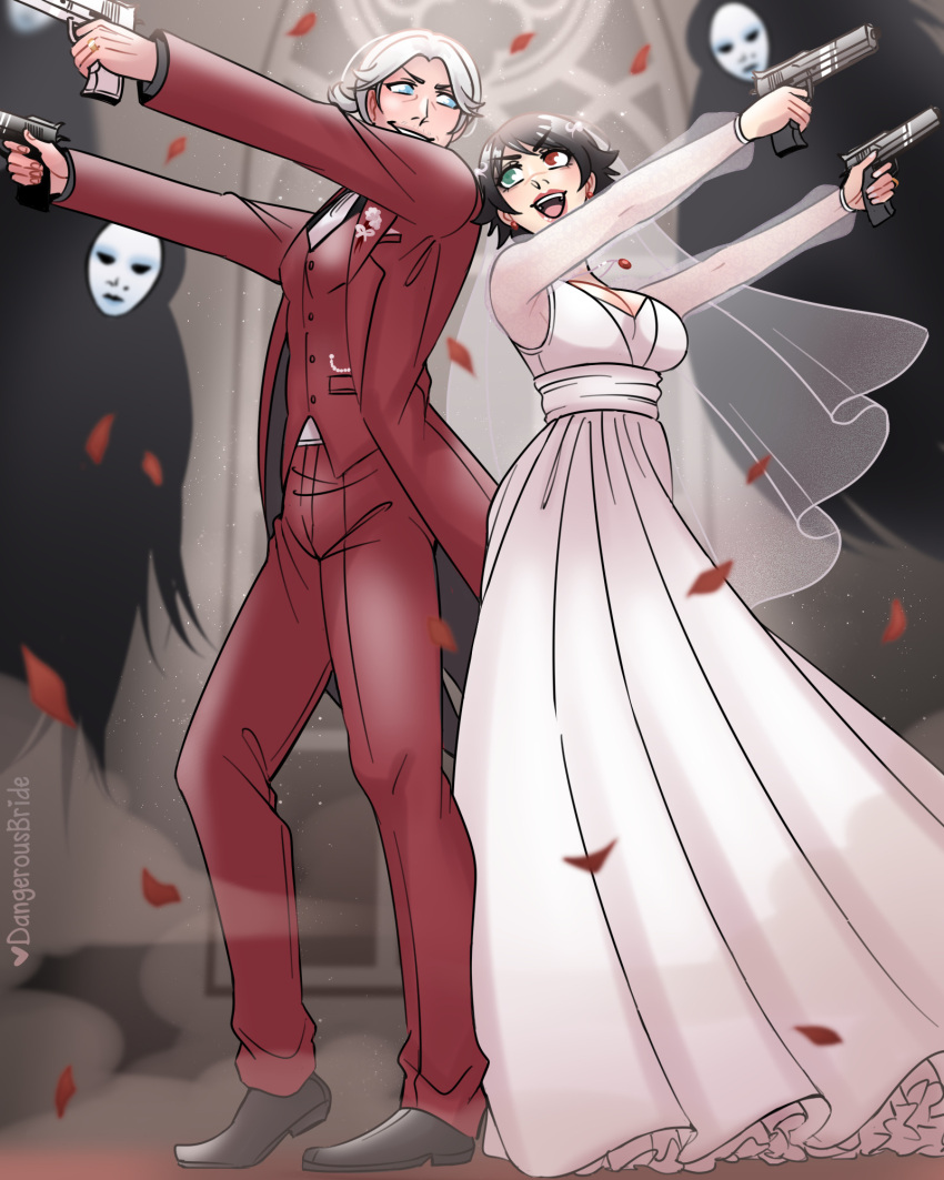 1boy, 1girl, artist_name, blue_eyes, bridal_veil, bride, dangerousbride, dante_(devil_may_cry)