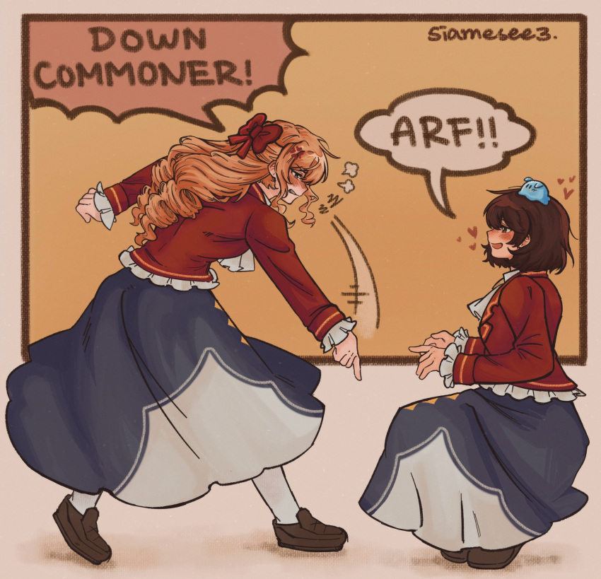 2girls, blonde_hair, blue_dress, blue_eyes, blush, brown_hair, claire_francois, comic_panel_redraw