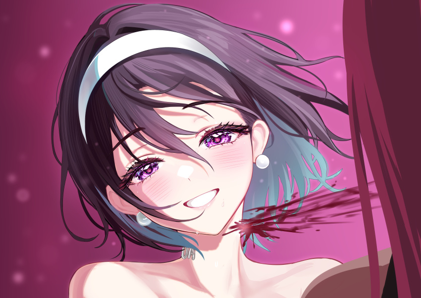 2girls, absurdres, alien_stage, bibixart, black_hair, blood, blood_from_neck, blood_spray
