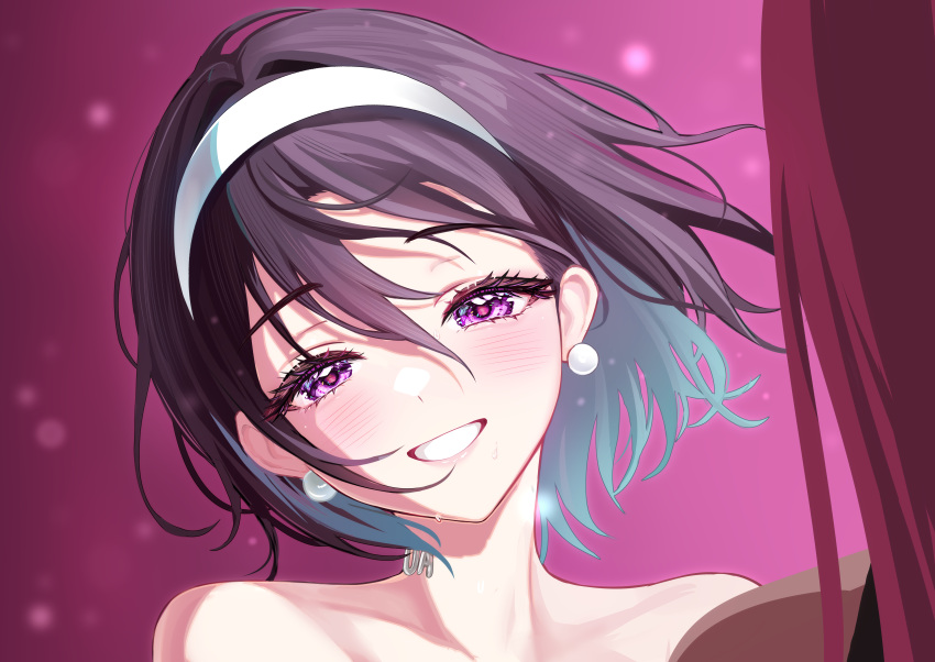 2girls, absurdres, alien_stage, bibixart, black_hair, blush, commentary, earrings, english_commentary, hairband, highres, jewelry, mizi_(alien_stage), multiple_girls, neck_tattoo, pearl_earrings, pink_background, pink_hair, short_hair, smile, solo_focus, sphere_earrings, sua_(alien_stage), tattoo, violet_eyes, white_hairband