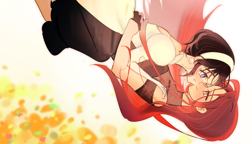 2girls, alien_stage, black_dress, black_gloves, black_hair, clothing_cutout, commentary_request, dress