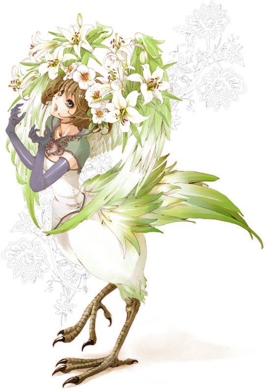 cockatrice, elbow_gloves, elle_(lom), feathers, floral_background, flower, gloves, green_eyes