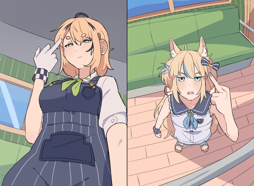 2girls, addendium, ahoge, animal_ear_fluff, animal_ears, black_hair, blonde_hair, blue_eyes