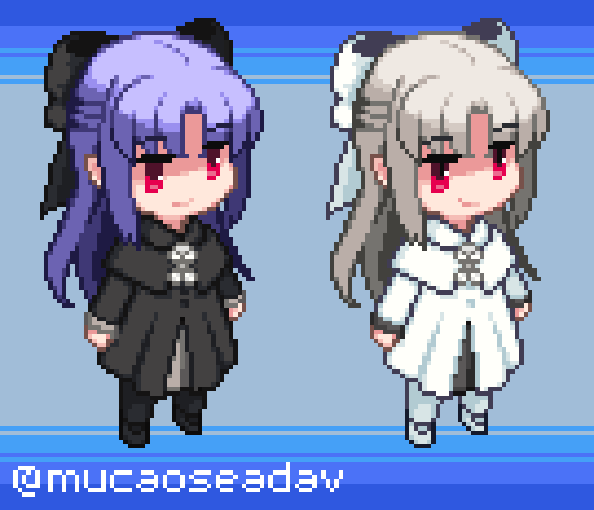 2girls, artist_name, black_bow, black_dress, blue_hair, bow, capelet, chibi, chibi_only, dress, grey_hair, hair_bow, half_updo, kagetsu_tooya, len_(tsukihime), long_hair, long_sleeves, melty_blood, melty_blood:_type_lumina, mucaoseadav, multiple_girls, pixel_art, pointy_ears, pom_pom_(clothes), red_eyes, ribbon, smile, sprite, tsukihime, white_bow, white_hair, white_len_(tsukihime)