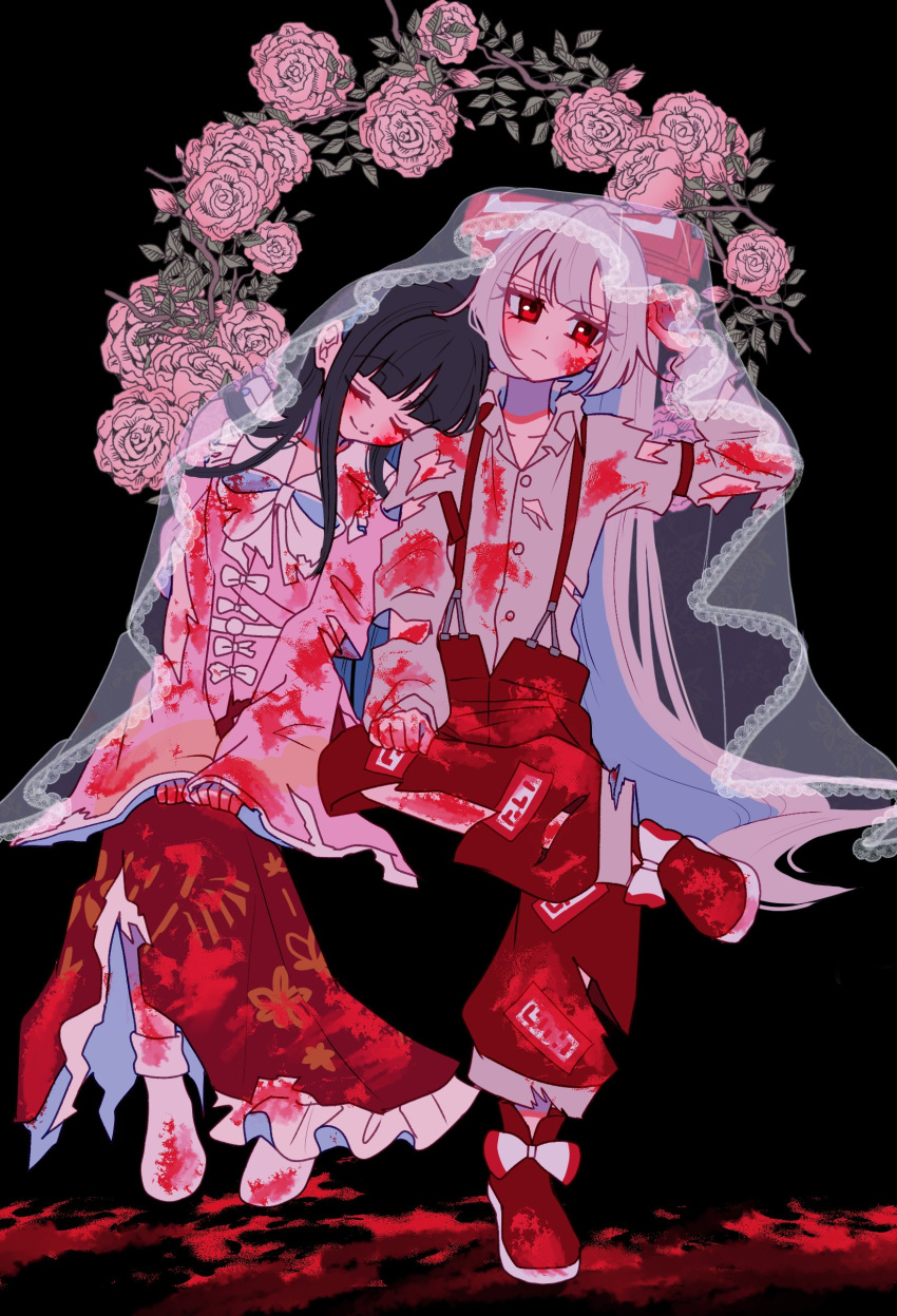 2girls, absurdres, black_background, black_hair, blood, blood_on_clothes, blood_on_face, blood_on_hands