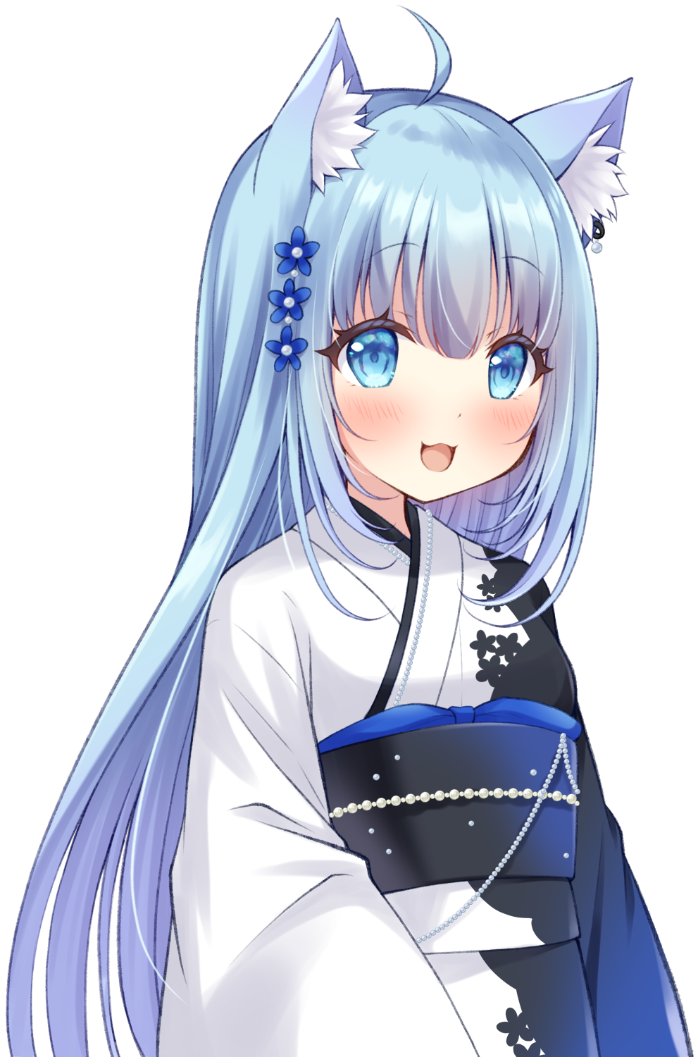 1girl, :3, ahoge, animal_ear_piercing, animal_ears, black_sash, blue_eyes, blue_hair