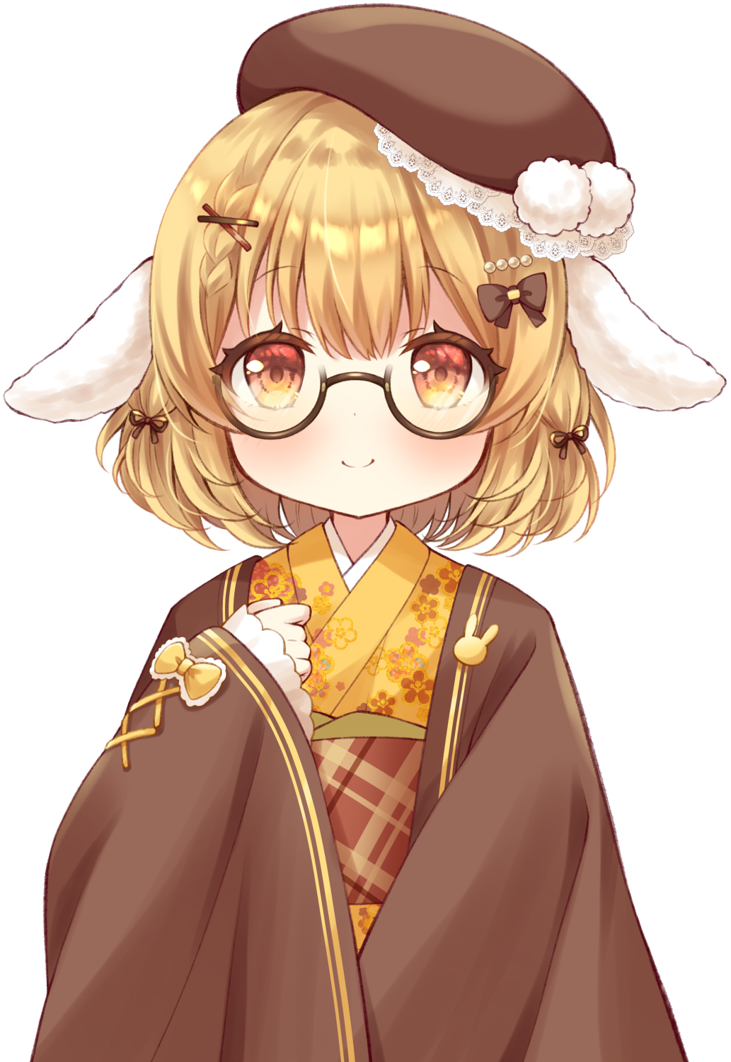 1girl, animal_ears, beret, black-framed_eyewear, blonde_hair, blush, bow, brown_bow