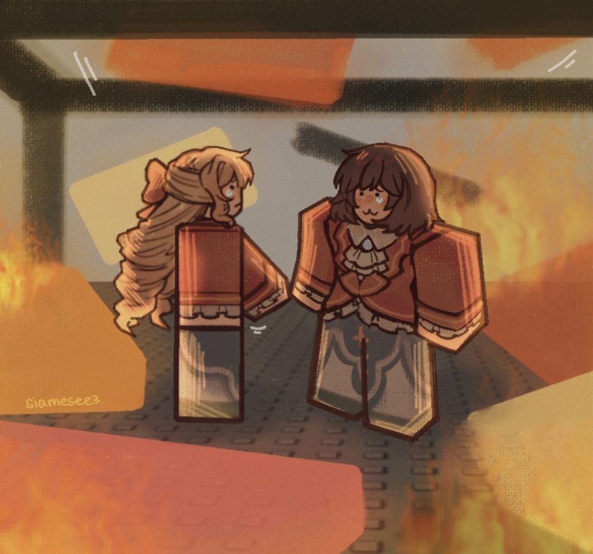 2girls, :3, blonde_hair, bow, brown_hair, claire_francois, closed_mouth, commentary, english_commentary, fire, hair_bow, highres, holding_hands, long_hair, long_sleeves, looking_at_another, multiple_girls, rae_taylor, ralaire, red_bow, roblox, school_uniform, short_hair, t4yl0r712, teardrop, twitter_username, watashi_no_oshi_wa_akuyaku_reijou, yuri