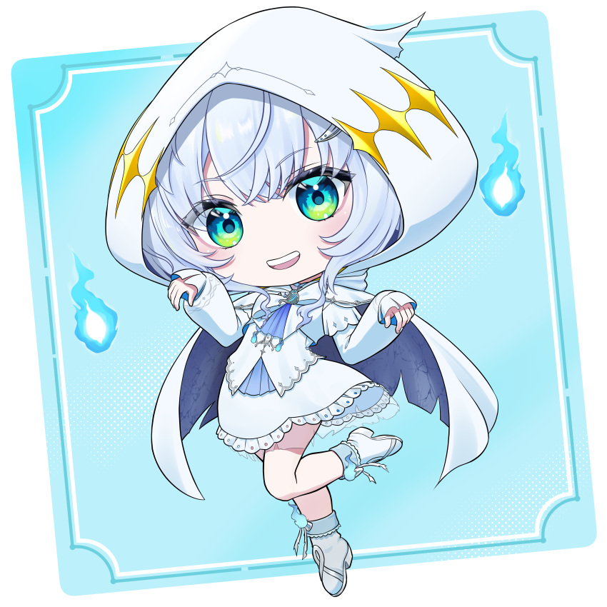 1girl, :d, absurdres, ascot, blue_ascot, blue_background, blue_eyes, blue_fire
