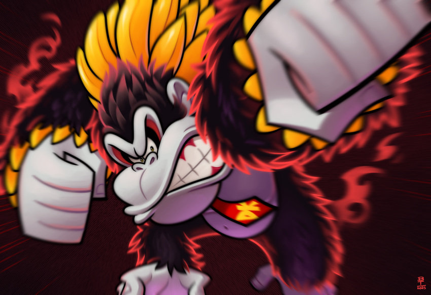 aura, banana, blurry, clenched_hands, clenched_teeth, colored_skin, commentary, dated