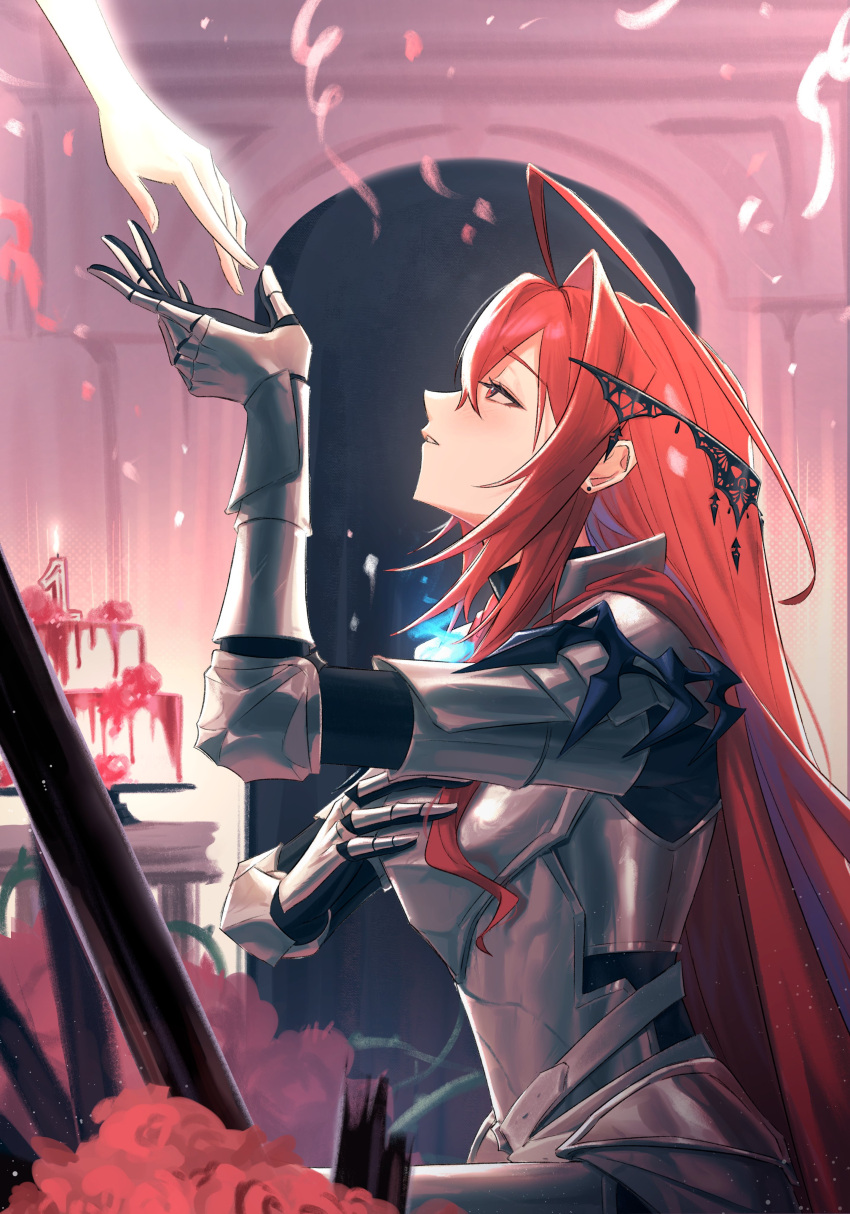 1girl, 1other, absurdres, armor, blue_fire, cake, elisbian, english_commentary