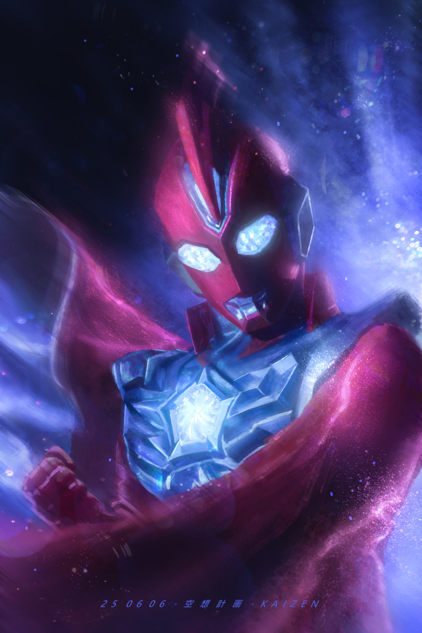 1boy, absurdres, alien, armor, artist_name, backlighting, black_background, blue_eyes, breastplate, cape, chinese_commentary, chinese_text, clenched_hand, color_timer, colored_skin, commentary, compound_eyes, dark_background, dated, dorsal_fin, english_text, eye_slugger, film_grain, floating_cape, glowing, glowing_eyes, head_down, highres, kaizen_(mark1951), light_particles, looking_down, male_focus, mixed-language_text, multicolored_skin, red_cape, red_skin, silver_skin, solo, standing, tokusatsu, toned, toned_male, two-tone_skin, ultra_series, ultraman_omega, ultraman_omega_(series), upper_body