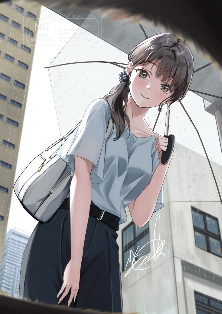 1girl, absurdres, animal_pov, arm_at_side, bag, belt, belt_buckle, black_belt