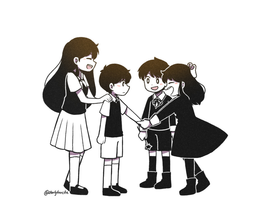 2boys, 2girls, antenna_hair, artist_name, blush, bow, bright_pupils, brother_and_sister