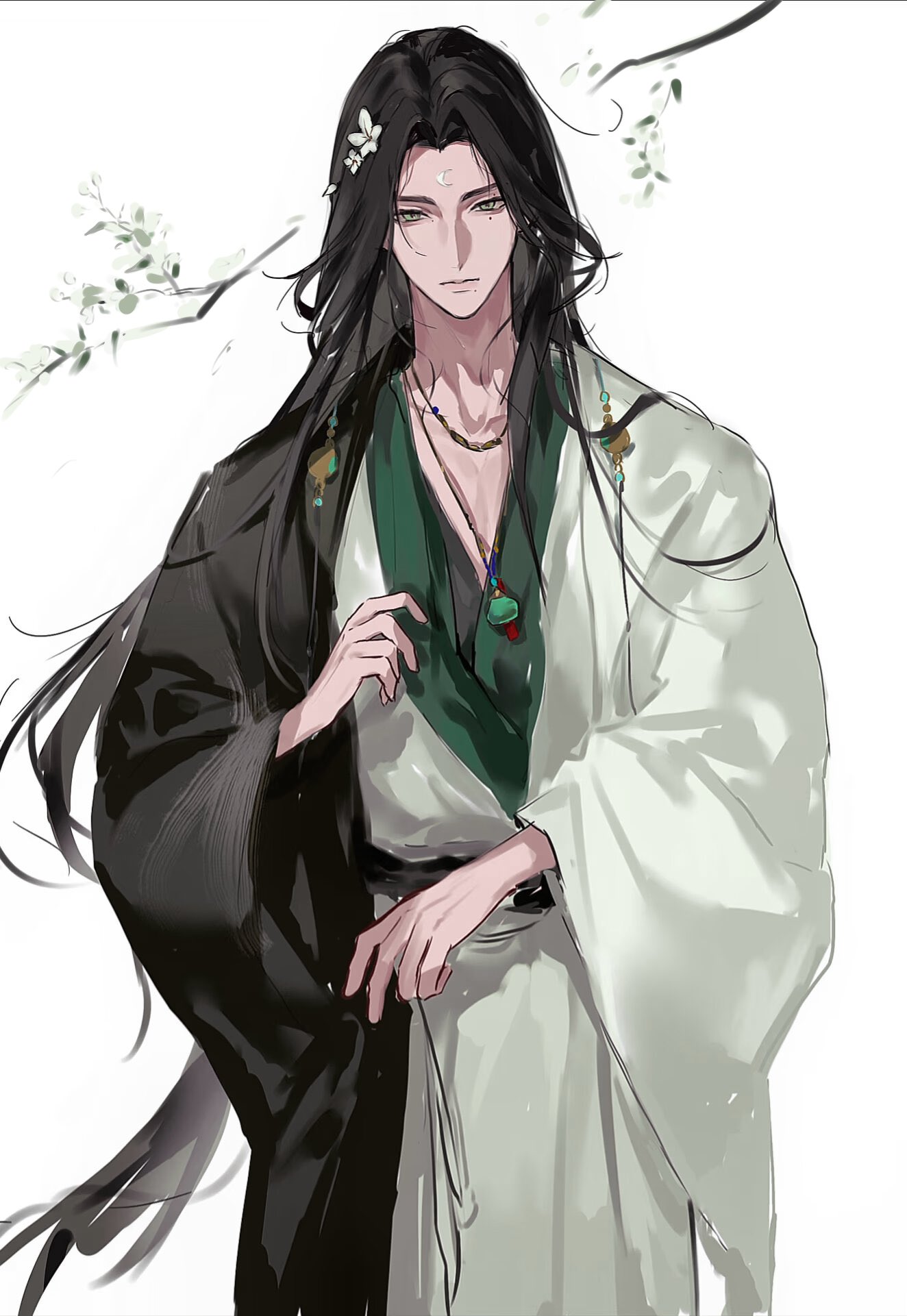 1boy, black_hair, black_kimono, branch, character_request, closed_mouth, copyright_request, cowboy_shot