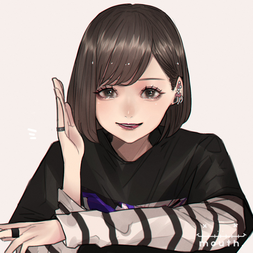 1girl, artist_logo, black_shirt, brown_hair, commentary_request, ear_piercing, earlobe_stretcher, eyelashes