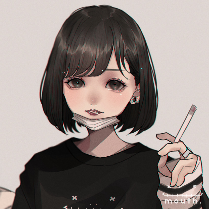1girl, aegyo_sal, arm_warmers, black_hair, black_shirt, cigarette, commentary_request, earlobe_stretcher