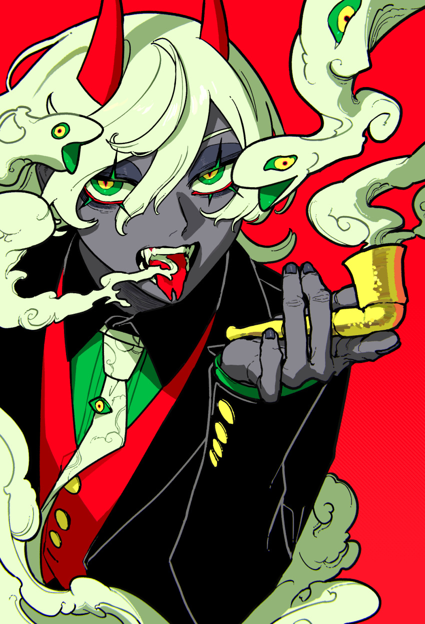 1boy, black_jacket, collared_shirt, colored_eyelashes, colored_skin, demon_horns, eyelashes, fangs