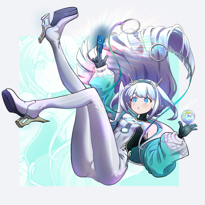 :o, absurdres, aqua_jacket, between_fingers, blunt_ends, bodysuit, breasts, card, card_between_fingers, eudie_(shadowverse), floating, floating_hair, full_body, highres, holding, jacket, lotan, shadowverse, shadowverse:_worlds_beyond, small_breasts, white_bodysuit