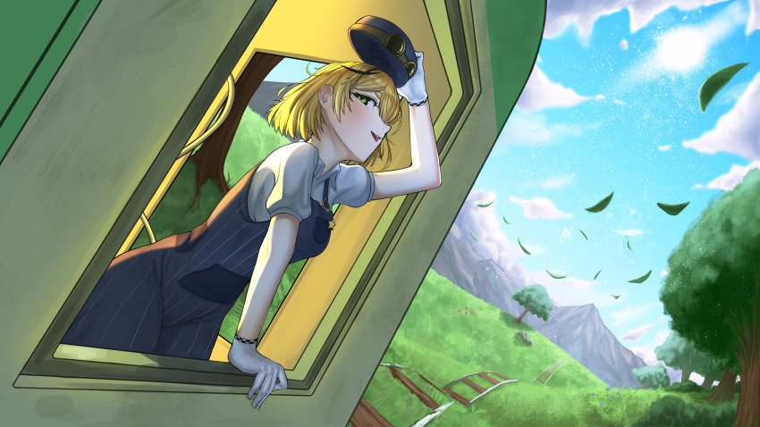 1girl, absurdres, black_hair, blonde_hair, breasts, checkered_gloves, clouds, cloudy_sky, dooby_(vtuber), gloves, goggles, goggles_on_headwear, grass, green_eyes, hat, highres, indie_virtual_youtuber, kgi_illus, leaf, light_blush, looking_at_viewer, medium_breasts, mountainous_horizon, multicolored_hair, overalls, railroad_tracks, sky, smile, solo, streaked_hair, sun, tail, teeth, thick_eyebrows, train, tree, upper_teeth_only, virtual_youtuber, white_gloves, white_undershirt, yellow_tail