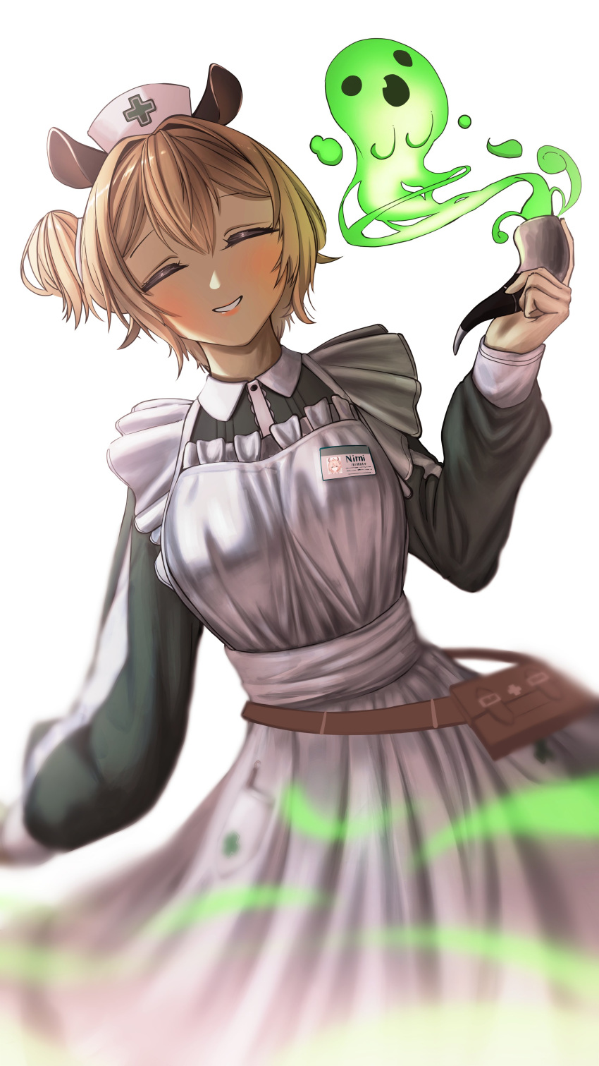1girl, absurdres, animal_ears, apron, bag, blonde_hair, blush, breasts