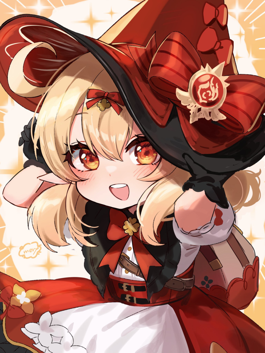 1girl, :d, artist_name, bag, black_gloves, blonde_hair, bow, bowtie