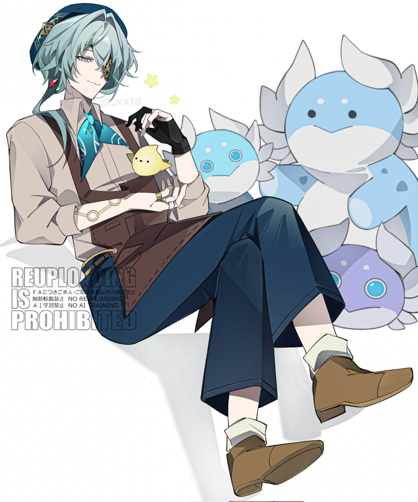 1boy, anaxa_(honkai:_star_rail), anaxa_(ingenuity)_(honkai:_star_rail), apron, aqua_hair, arm_tattoo, bird, black_gloves