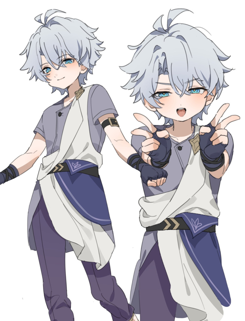1boy, :d, aged_down, antenna_hair, arm_belt, blue_eyes, child, double_v