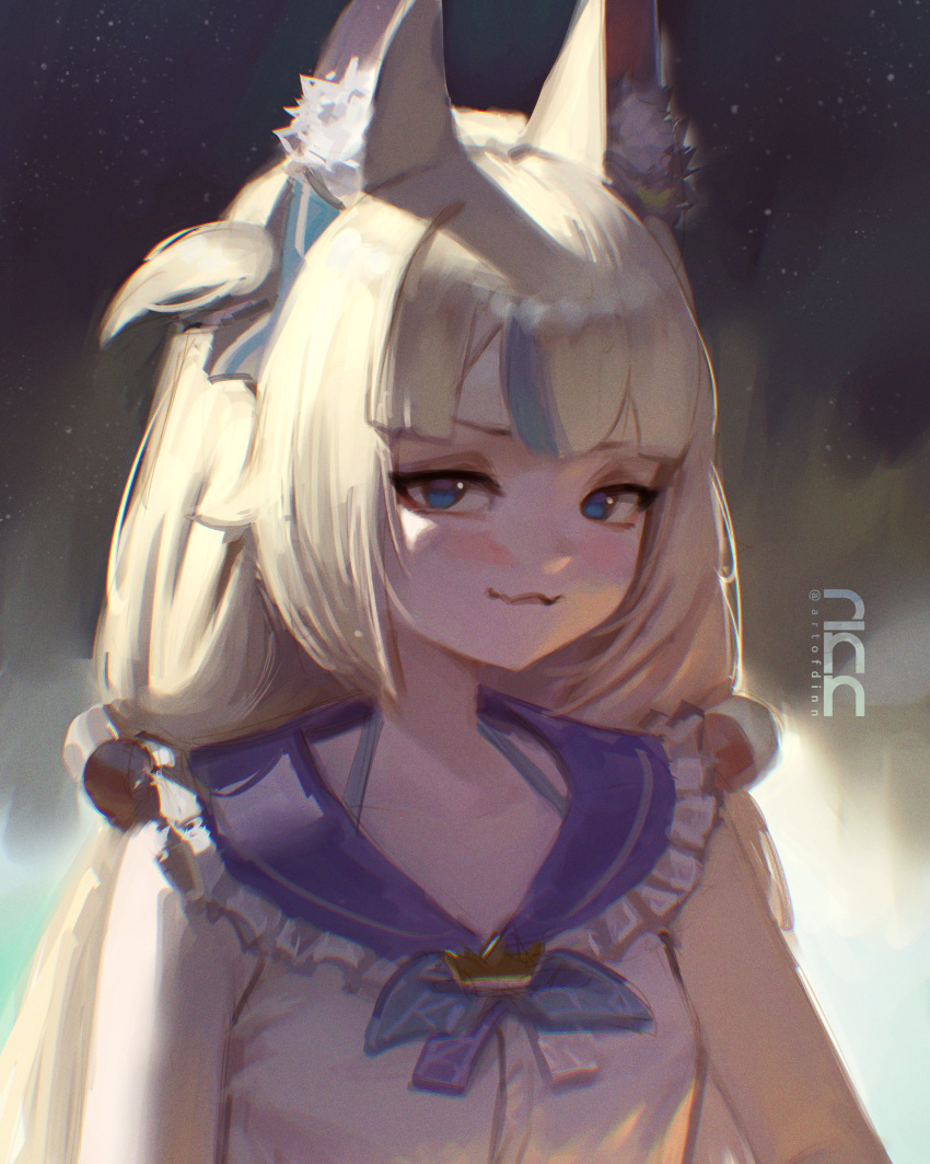 1girl, :3, absurdres, animal_ear_fluff, animal_ears, blonde_hair, blue_eyes, blue_streaks, cat_ears, closed_mouth, dinn_(artofdinn), dress, highres, indie_virtual_youtuber, lifebuoy_hair_ornament, long_hair, looking_at_viewer, one_side_up, sailor_dress, sameko_saba, solo, virtual_youtuber, white_dress