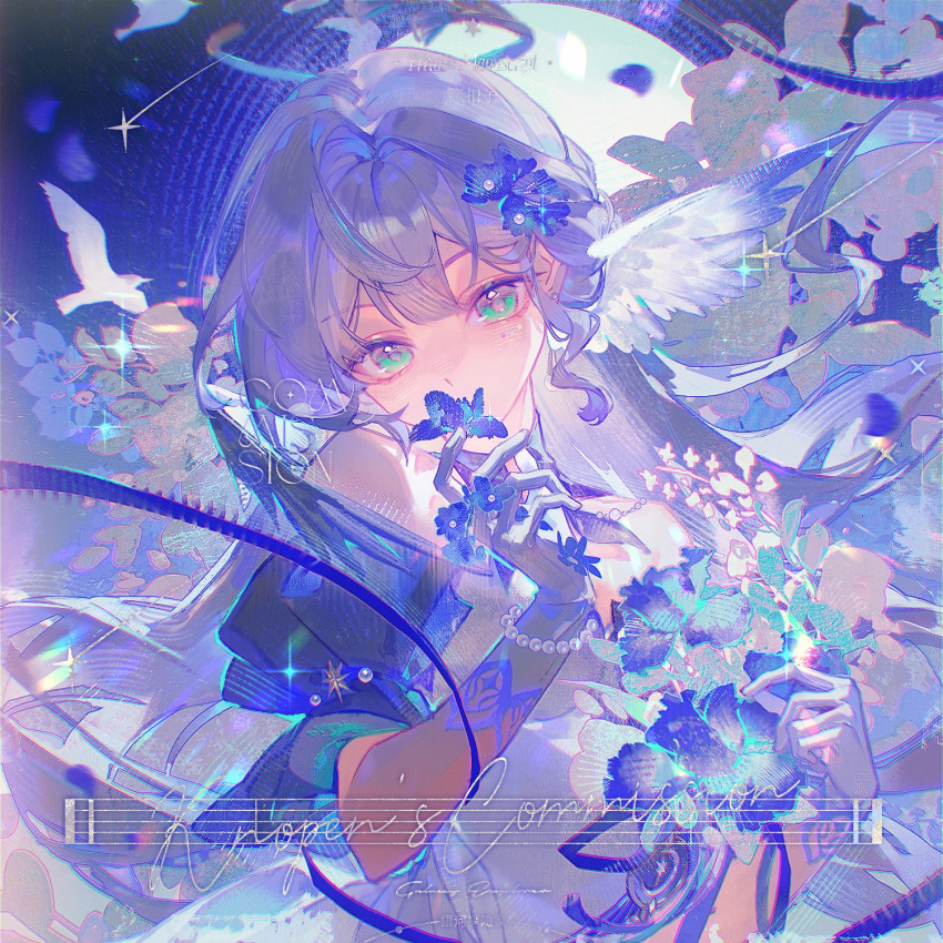1girl, bare_shoulders, blue_hair, bracelet, commentary, commission, detached_sleeves, dress