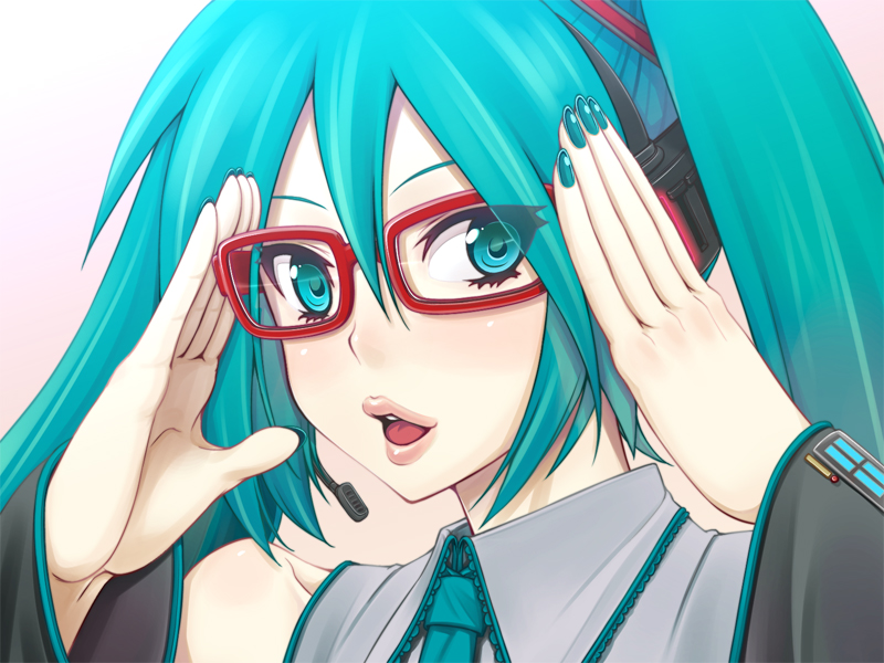 aqua_eyes, aqua_hair, bespectacled, face, glasses, hands, hatsune_miku, headphones