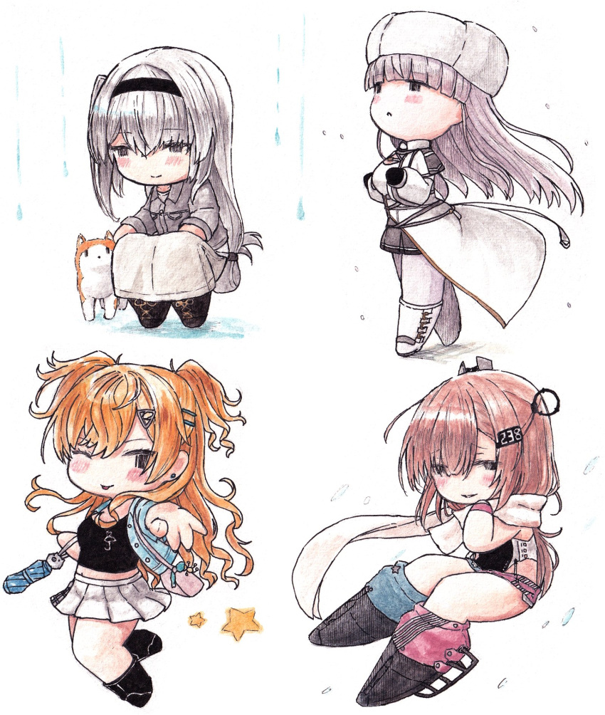 4girls, animal, black_gloves, black_one-piece_swimsuit, blonde_hair, breasts, brown_hair, chibi