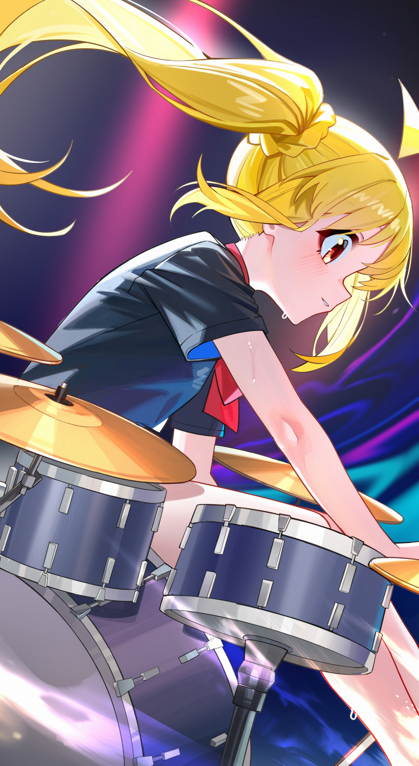 1girl, absurdres, ahoge, black_shirt, blush, bocchi_the_rock!, bow, bowtie