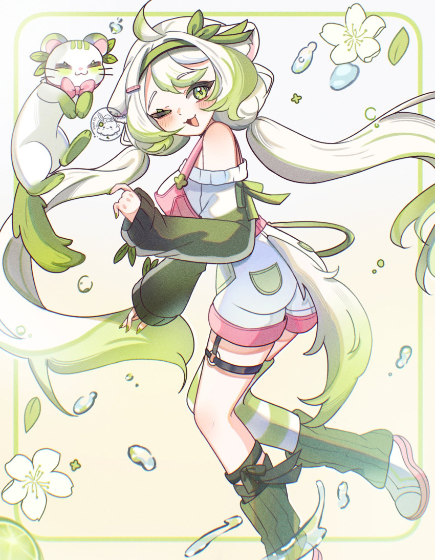 1girl, ahoge, animal_ears, ass, asymmetrical_legwear, blush, bow, bowtie