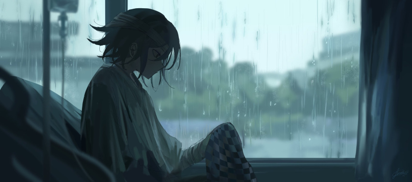 1boy, auni, bandaged_arm, bandaged_head, bandages, bed, checkered_clothes, checkered_scarf