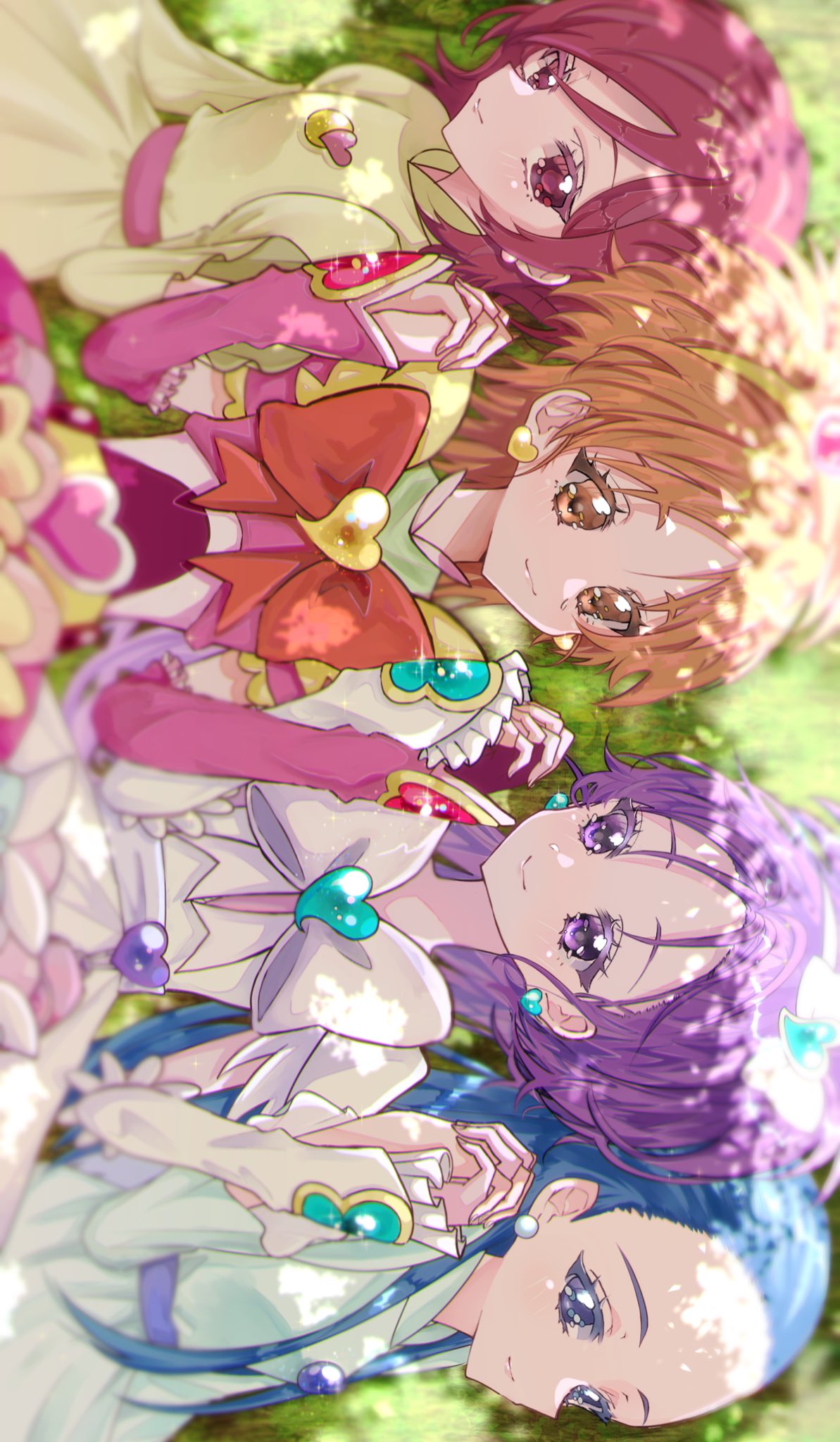 4girls, aqua_brooch, arm_warmers, big_hair, blue_dress, blue_hair, bow, bow_hairband