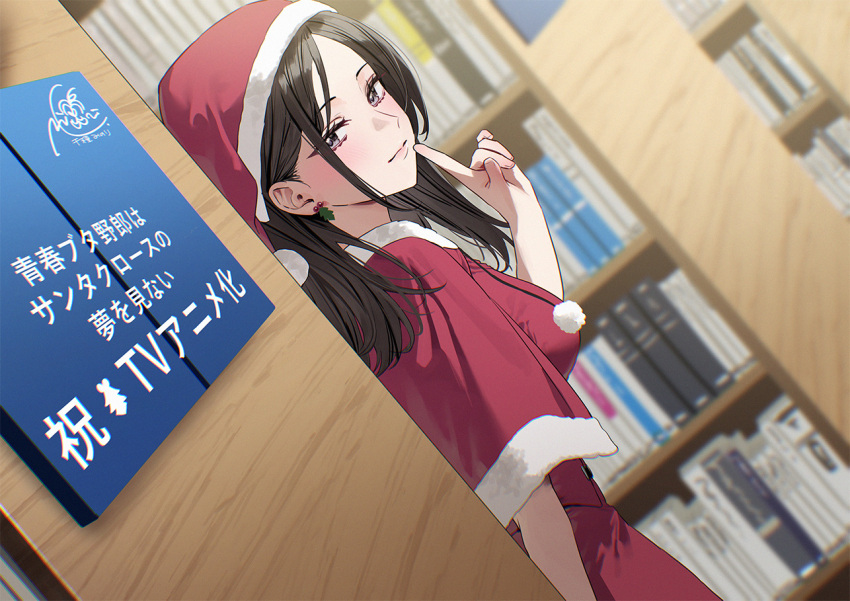 1girl, black_hair, blurry, blurry_background, book, bookshelf, breasts, capelet, chigusa_minori, christmas_tree, closed_mouth, dress, finger_to_cheek, from_side, fur-trimmed_dress, fur-trimmed_headwear, fur_trim, grey_eyes, hat, index_finger_raised, indoors, kirishima_touko, library, looking_at_viewer, medium_breasts, medium_hair, pom_pom_(clothes), red_capelet, red_hat, santa_costume, santa_dress, santa_hat, seishun_buta_yarou, solo, standing