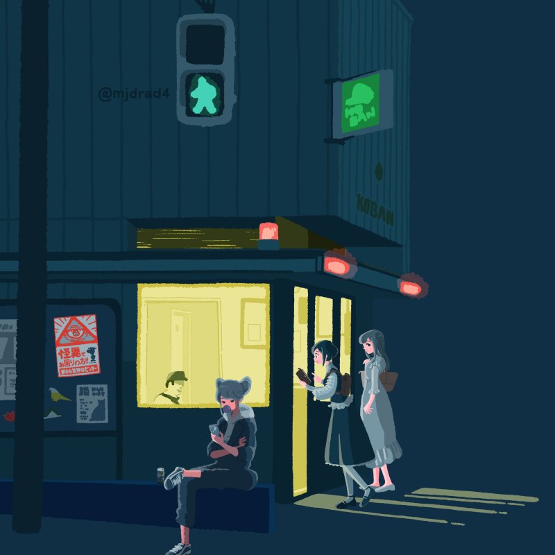 3girls, blue_background, building, commentary_request, dress, fukurai_azami, jasmine_(toshi_densetsu_kaitai_center), jumpsuit, long_hair, multiple_girls, night, outdoors, police_box, road, sato_mio, shirt, shizu_(mjdrad4), shoes, short_hair, sign, sitting, skirt, sneakers, standing, street, toshi_densetsu_kaitai_center, traffic_light