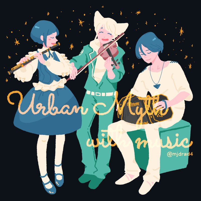 1boy, 2girls, accordion, belt, black_background, blonde_hair, blue_shoes, blue_skirt, closed_eyes, closed_mouth, collared_shirt, commentary_request, cone_hair_bun, double_bun, flute, frilled_shirt, frilled_sleeves, frills, fukurai_azami, full_body, hair_bun, holding, holding_flute, holding_instrument, holding_violin, instrument, jasmine_(toshi_densetsu_kaitai_center), jumpsuit, limited_palette, long_sleeves, meguriya_ayumu, multiple_girls, music, open_mouth, pants, pantyhose, playing_instrument, shirt, shizu_(mjdrad4), shoes, short_hair, sitting, skirt, smile, toshi_densetsu_kaitai_center, triangle_necklace, violin, white_pants, white_pantyhose, white_shirt