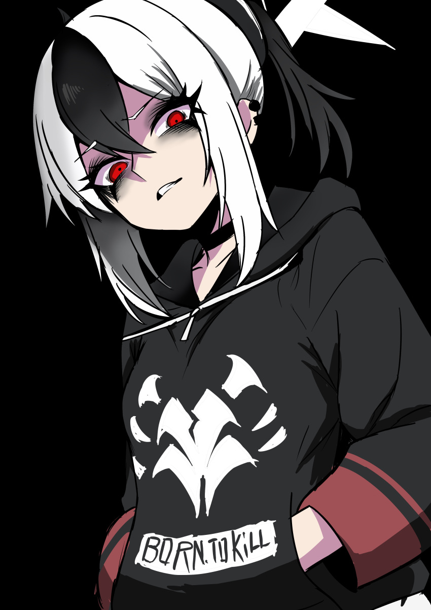 1girl, absurdres, black_background, black_eyeliner, black_eyeshadow, black_hair, black_hoodie, blue_archive