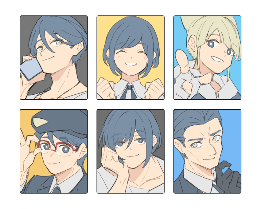 3boys, 3girls, adjusting_eyewear, beret, blonde_hair, blue_eyes, blue_hair, clenched_hands