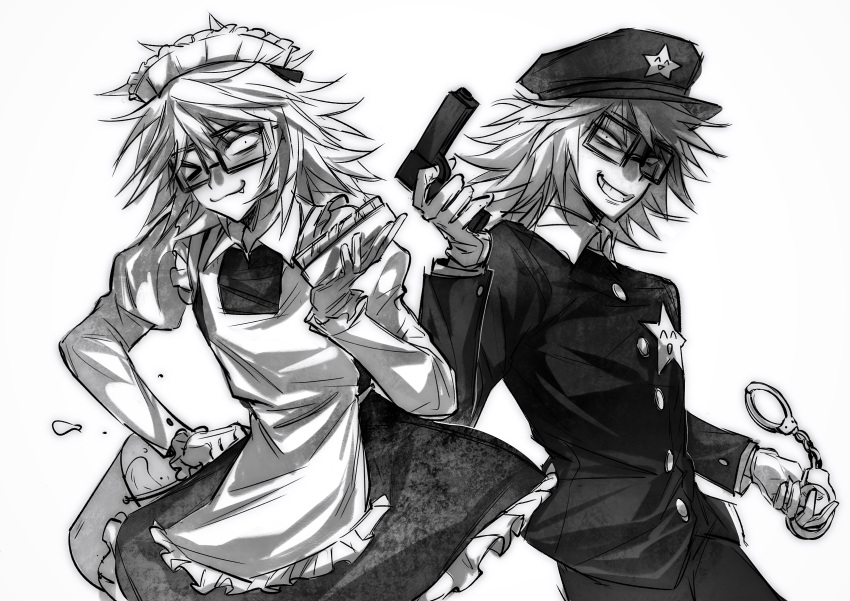 2boys, :3, absurdres, apron, bucket, cowboy_shot, crossdressing, cuffs, dress, dual_persona, fang, fang_out, glasses, greyscale, gun, hand_on_own_hip, handcuffs, handgun, hat, highres, holding, holding_brush, holding_bucket, holding_gun, holding_handcuffs, holding_weapon, imnotrlup, juliet_sleeves, long_sleeves, looking_at_viewer, maid, maid_apron, maid_headdress, male_focus, monochrome, multiple_boys, one_eye_closed, police, police_hat, police_uniform, policeman, puffy_sleeves, randal's_friends, randal_ivory, sheriff_badge, short_hair, simple_background, standing, weapon, white_background