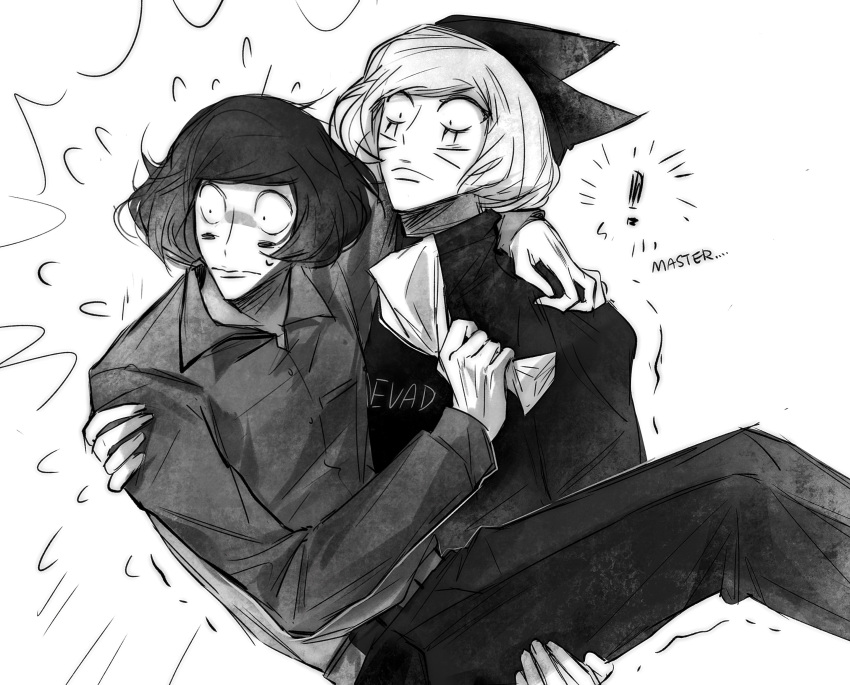 absurdres, animal_hat, carrying, carrying_person, cat_hat, english_text, facial_mark, greyscale