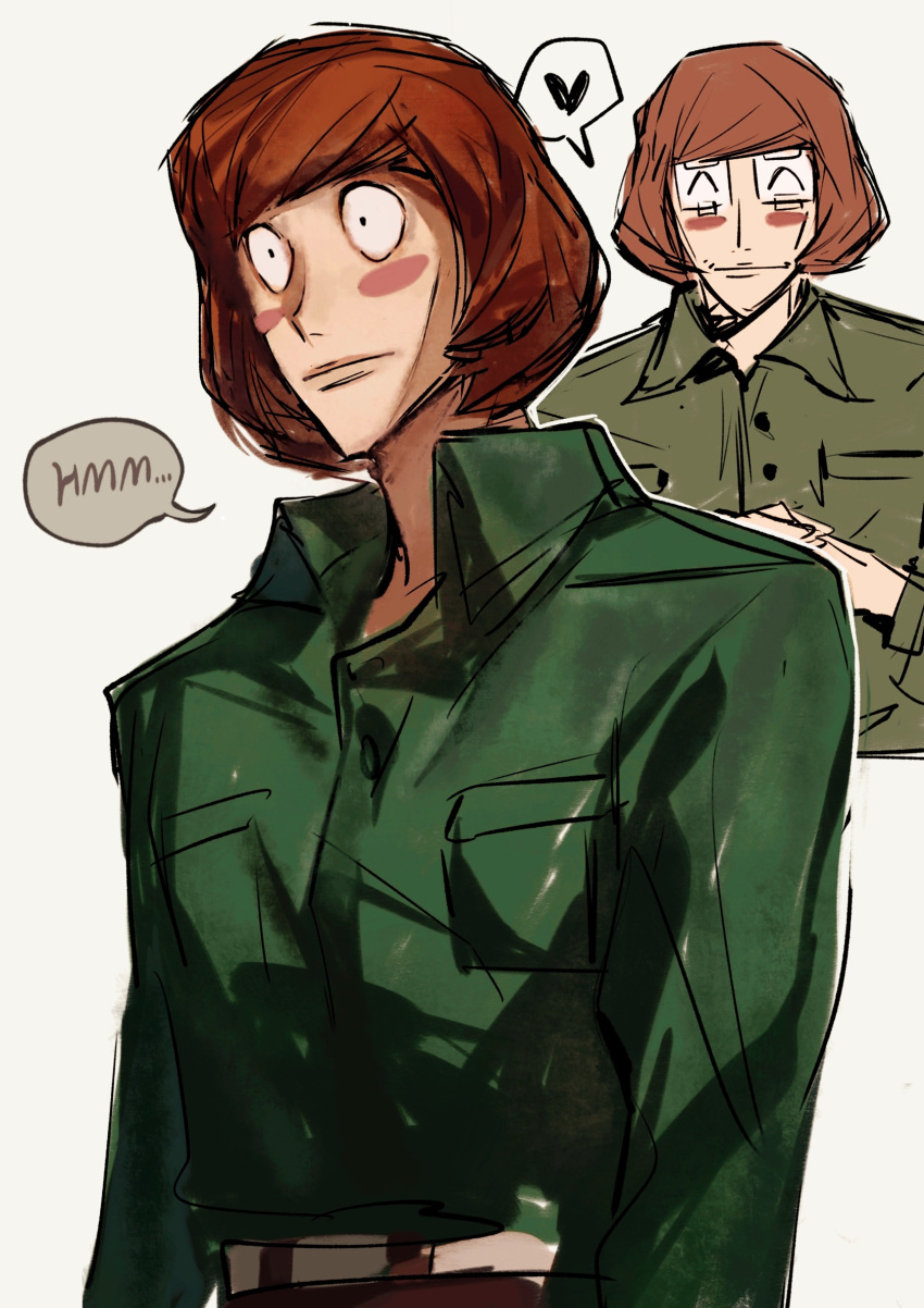 1boy, black_eyes, brown_hair, english_text, green_shirt, highres, imnotrlup, luther_von_ivory